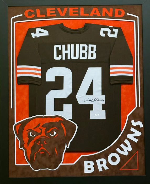 Cleveland Browns Nick Chubb Hand Signed Autographed Custom Brown Jersey Framed with Suede Matting, XL 3D Logo, & Cutout Lettering Includes COA