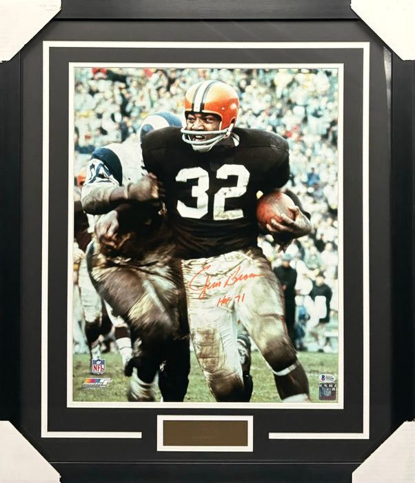 Jim Brown Cleveland Browns Hall of Fame Legend Signed with HOF 71 Inscription 16x20 Photo Framed & Matted with Gold Nameplate and Beckett COA