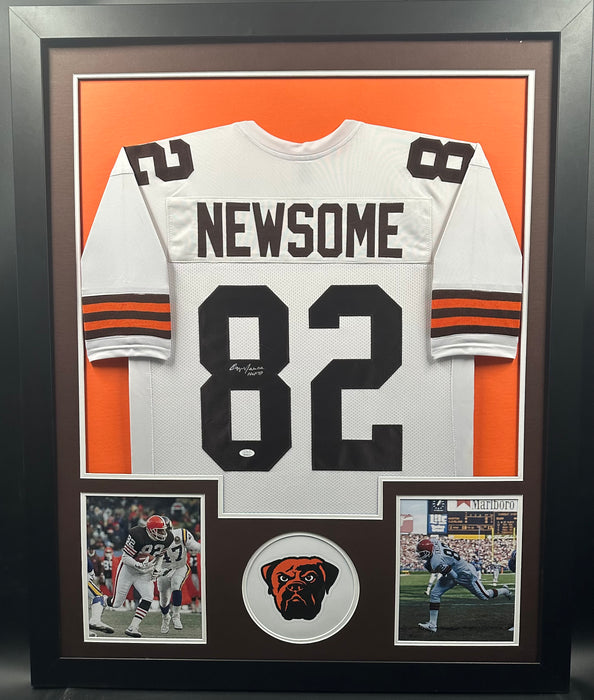 Ozzie Newsome Cleveland Browns Signed Custom White Away Football Jersey with HOF99 Inscription Framed and Matted with JSA COA