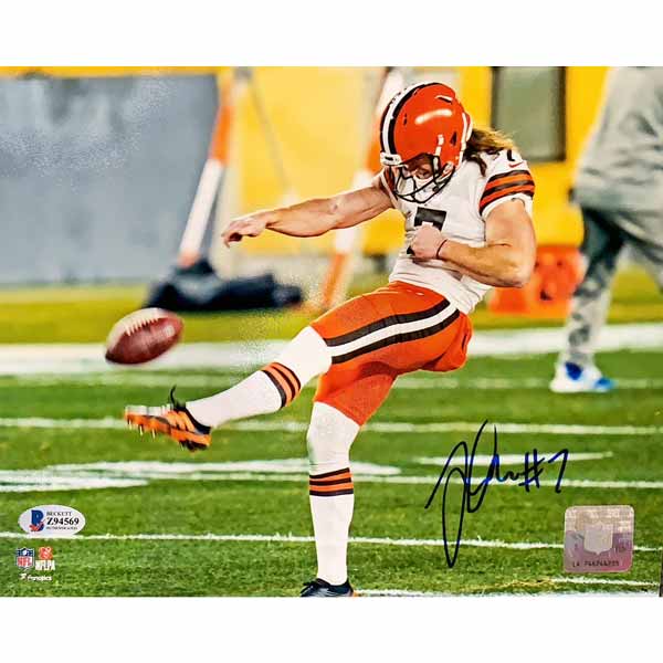 Jamie Gillan (The Scottish Hammer) Cleveland Browns Signed 8x10 Photo Punting Football with Beckett COA