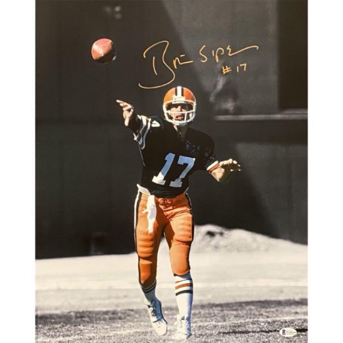Brian Sipe Cleveland Browns Signed 11x14 Photo Throwing Spotlight with Beckett Witnessed COA